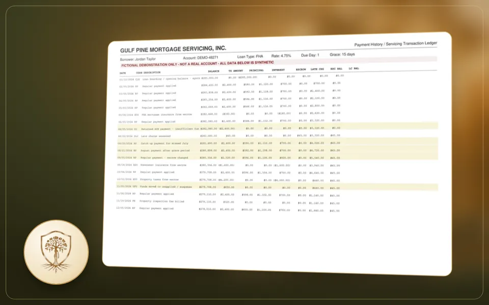 A fictional mortgage servicer’s payment ledger in a gilt frame, with a red banner marking it as synthetic demonstration data.