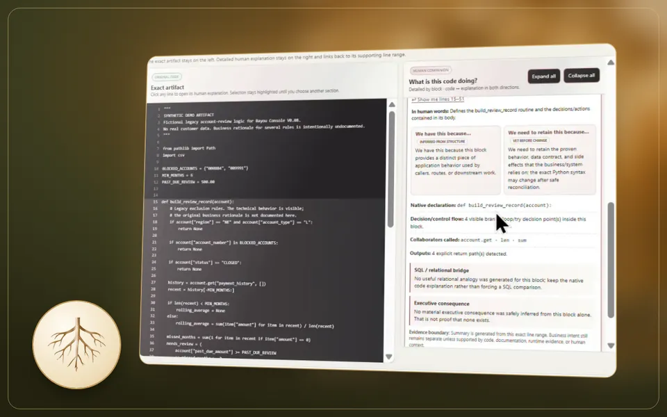 Bayou Console in a gilt frame: synthetic Python code on a dark panel, with a plain-language explanation beside it.