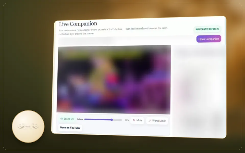 The StreamScout Live Companion screen in a gilt frame. The live video is blurred; a label reads “Rights gate before AI”.