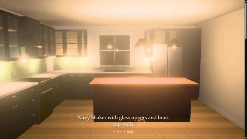 A rendered navy Shaker kitchen with glass uppers, brass cup pulls, pendant lights and a butcher-block island, lit warmly.