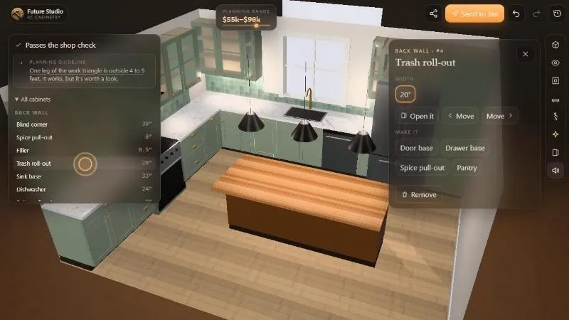 The 3D studio. Left: “Passes the shop check” with a planning guideline about the work triangle and a list of cabinets with widths. Right: an edit panel for a 20-inch trash roll-out.