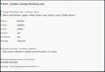 A brief for Jim. Sections are labelled “Design Workshop look, customer chose”, “Customer message, customer supplied” and “Planning guidance shown to customer”, with a pending knowledge baseline.