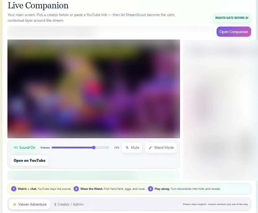 StreamScout Live Companion screen. The video player, stream link and chat panel are blurred. A label reads “Rights gate before AI”.