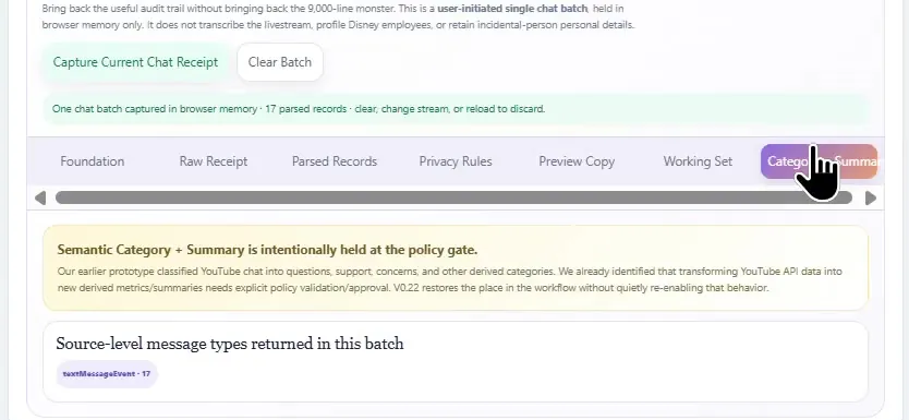StreamScout receipt stages: Foundation, Raw Receipt, Parsed Records, Privacy Rules, Preview Copy, Working Set. A yellow notice reads “Semantic Category + Summary is intentionally held at the policy gate.”