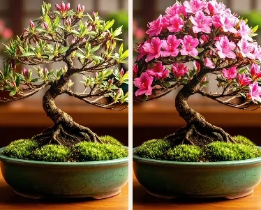 Two growth stages of a potted azalea bonsai from the Bonsai Calm prototype: new green growth, then full pink bloom.