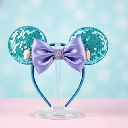 A teal sequined ear headband with a lavender satin bow on a clear stand, generated in the Ear Design Studio.